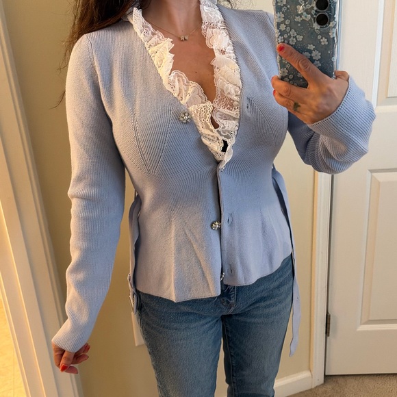 COMMENSE CARDIGAN KNIT LACE SWEATER BELT BLING RHINESTONE BUTTON S SPRING - Picture 5 of 10